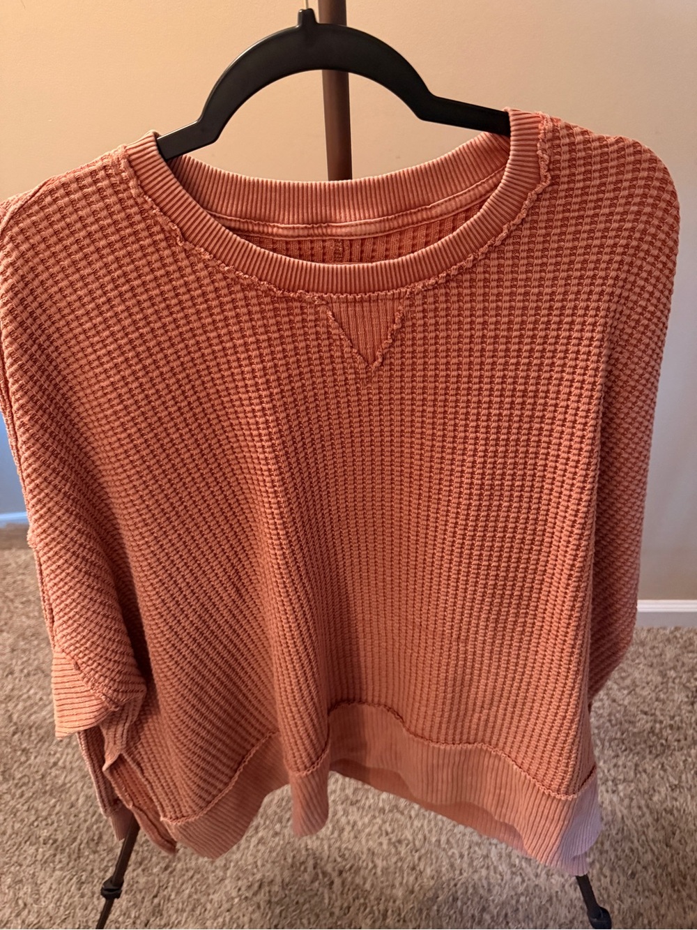 American Eagle Outfitters Waffle-Knit Crew Sweatshirt in rust